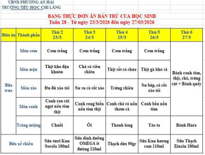 Thực đơn tuần 28 (từ ngày 23-27/3)