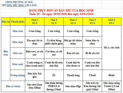 Thực đơn tuần 29 (từ ngày 30/3-3/4)