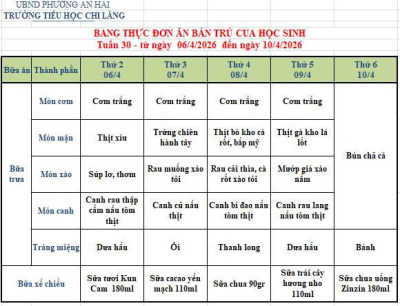 Thực đơn tuần 30 (từ ngày 6-10/4)